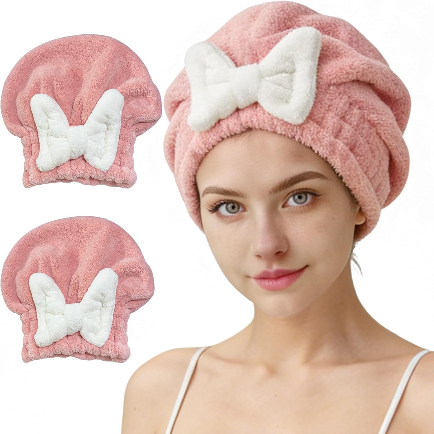 2 Pcs Microfiber Hair Towel Cap for Women, Super Soft Absorbent Quick Dry Hair Towel Wrap with Bow Knot, Fast Drying Anti Frizz Hair Turban for Curly Long Thick Wet Hair Care 10''x11'' (Pink)