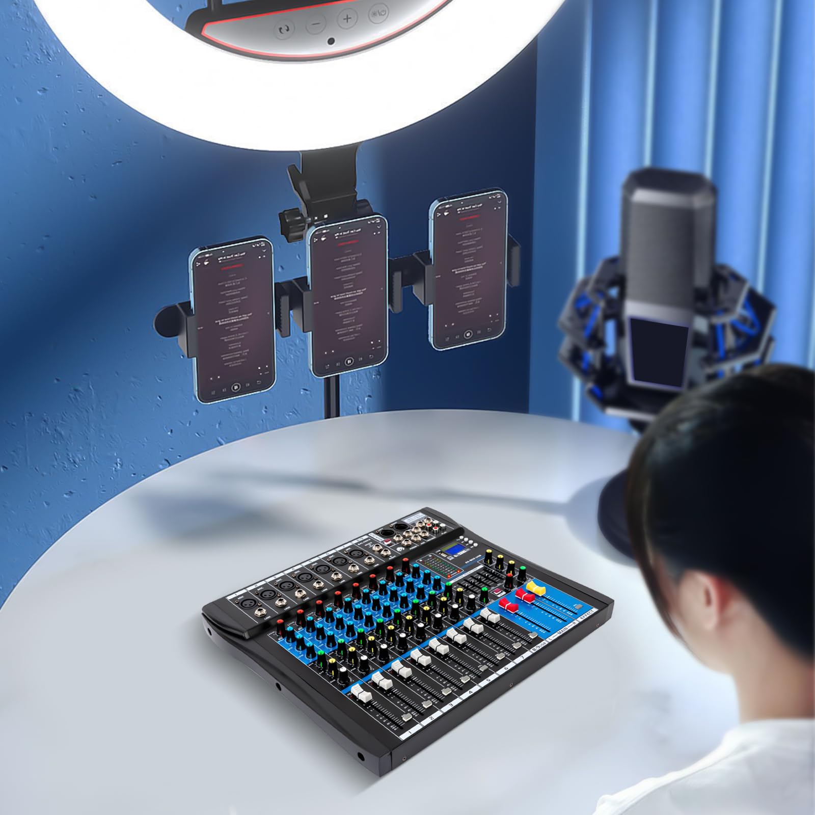 Professionelle 8 Kanal Stereo Sound Mischkonsole, Mischpult mit USB Bluetooth DJ Live Audio Mixer mit LCD-Anzeige mit Hall-Delay-Effekt für Heim-KTV, Aufnahmestudios, Live-Streaming, 48V Phantom Power