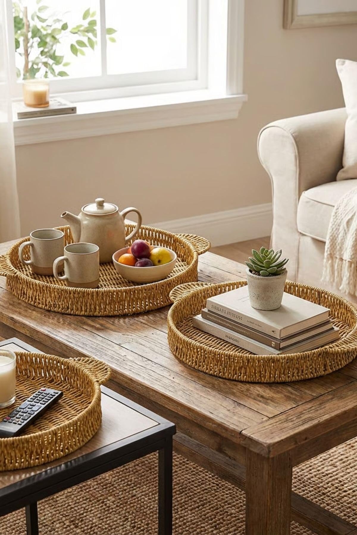 BUFFER İç İçe Geçebilen 3'lü Yuvarlak Hasır Görünümlü Plastik Rattan Servis Tepsi Seti, Çok Amaçlı Sunum Tepsileri, 30x25x4 cm, 35x30x4 cm, 40x35x4 cm