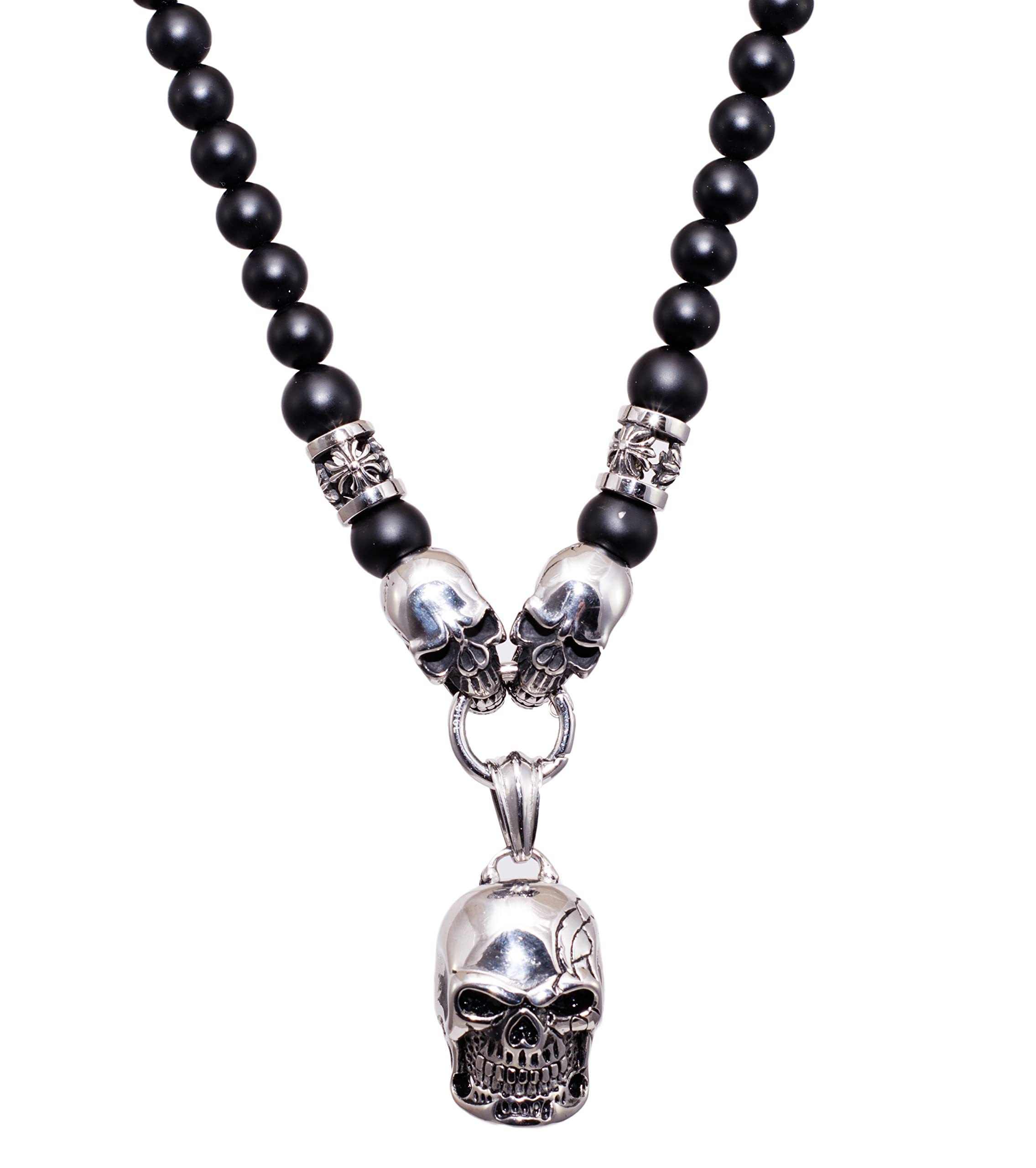 Herren Männer Hals Perlenkette aus Onyx mit Totenkopf Edelstahl Beads Anhänger Biker Handmade Geschenke