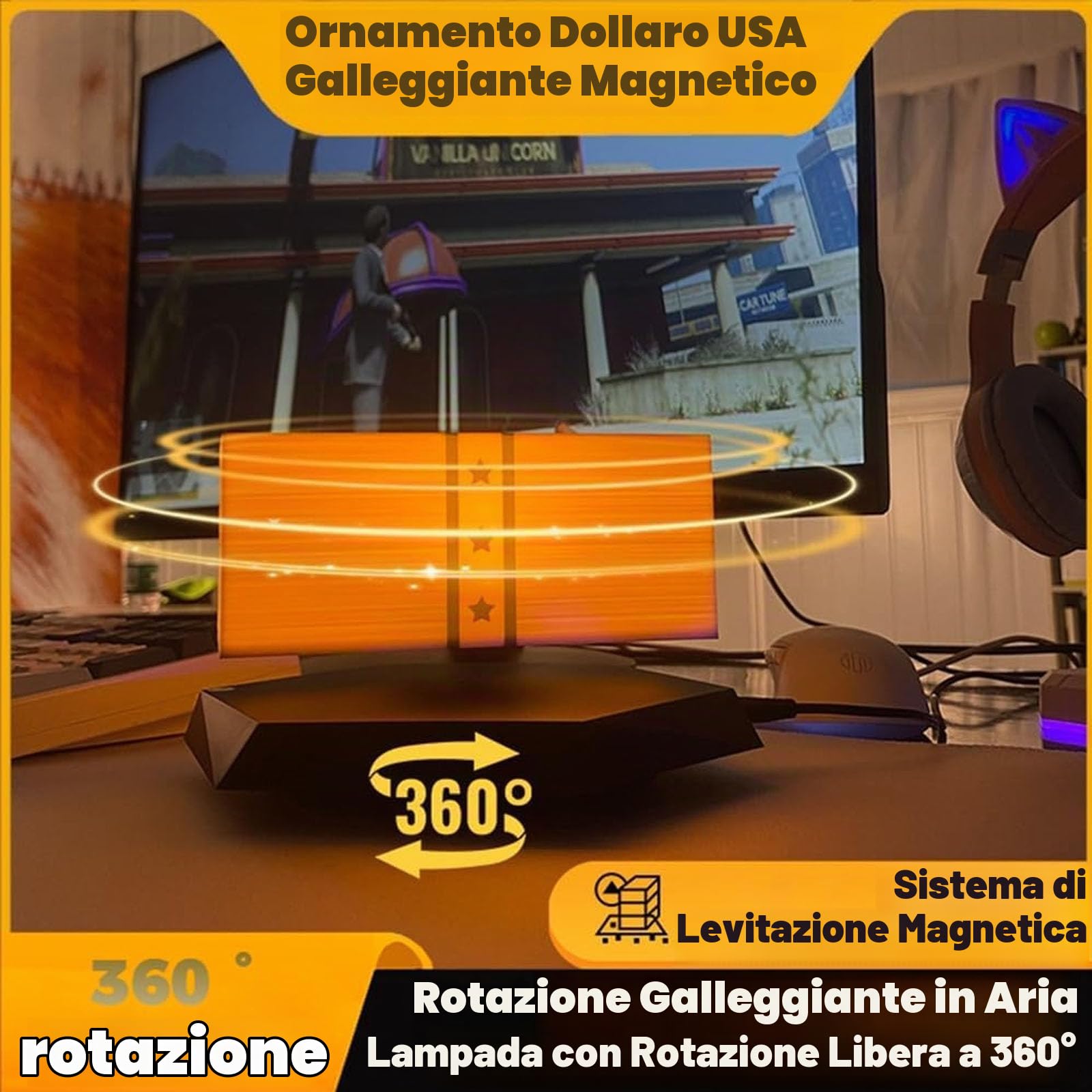 Lampada di denaro galleggiante,3D magnetica levitazione dollaro lampada con 3 colori LED luce, 360° rotante, Gadget scrivania per arredamento ufficio sala giochi, per gli amanti della tecnologia
