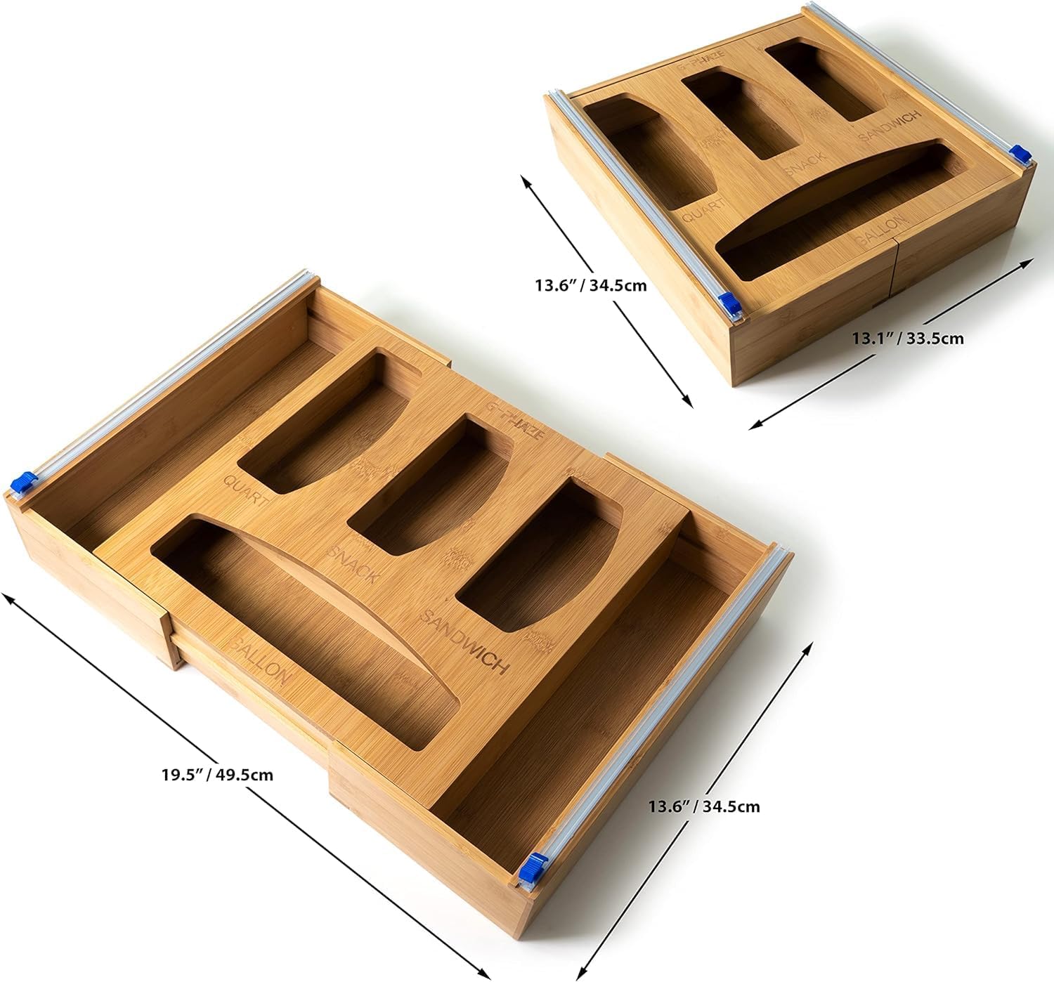 Forest & Twelfth Expandable Bamboo Kitchen Drawer Organizer for Storage Bags, Gallon, Quart, Snack, Sandwich Size, Plastic Wrap Foil Dispenser with Prep Bag Holder, Eco-Friendly Kitchen Organization