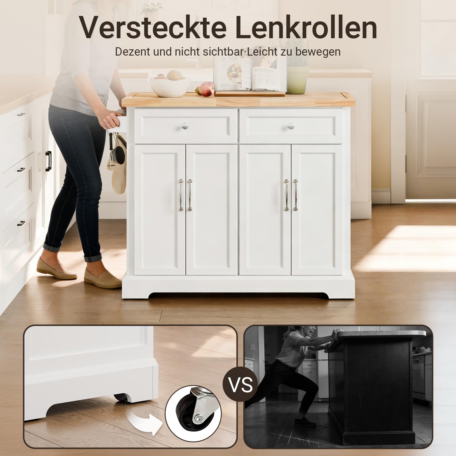SoBuy Kücheninsel mit Rollen Küchenwagen mit Arbeitsplatte Klappbar Mobile Kücheninsel auf Rollen Kochinsel Freistehend mit Tisch Weiß 115x92x(46-71) cm FKW71-III-WN