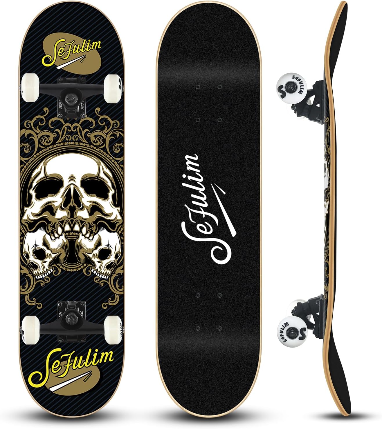 Sefulim 31x8 Inch Complete Trick Skateboard - 7-Ply Canadian Maple Double Kick Concave Deck for Beginners, Kids, Teens, Adults