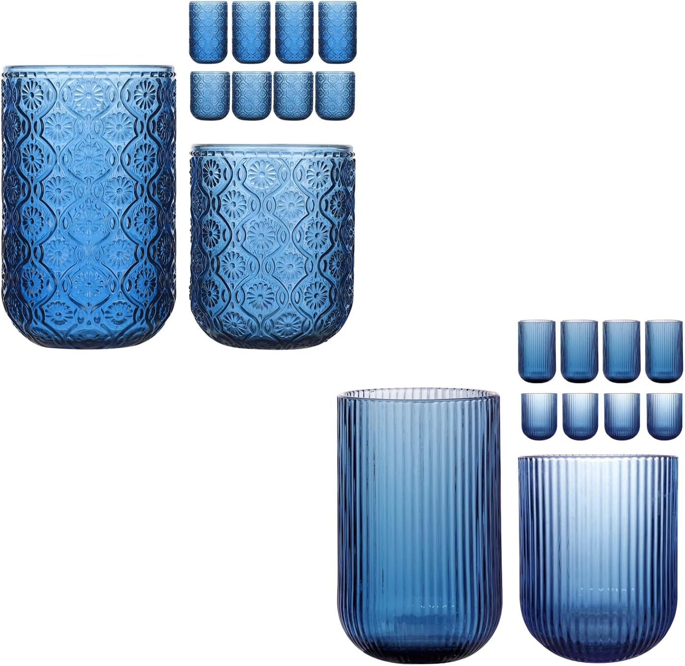 Set of 16 vintage Glassware,8 Highball Glasses 14oz & 8 Rocks Drinking Glasses 9oz, Blue, ribbed & textured