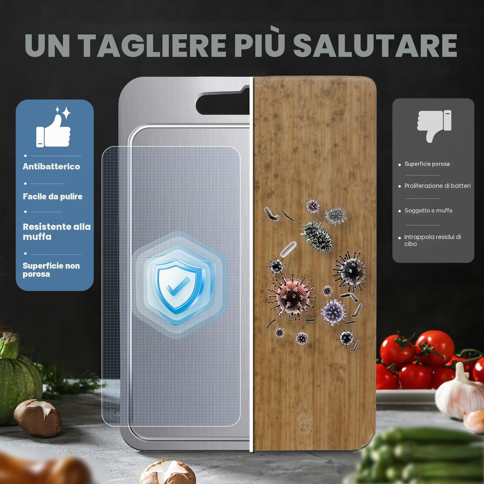 Tagliere in titanio, 40 x 28 cm, 100% puro titanio, per carne, frutta e verdura, lavabile in lavastoviglie, con scanalature per succhi