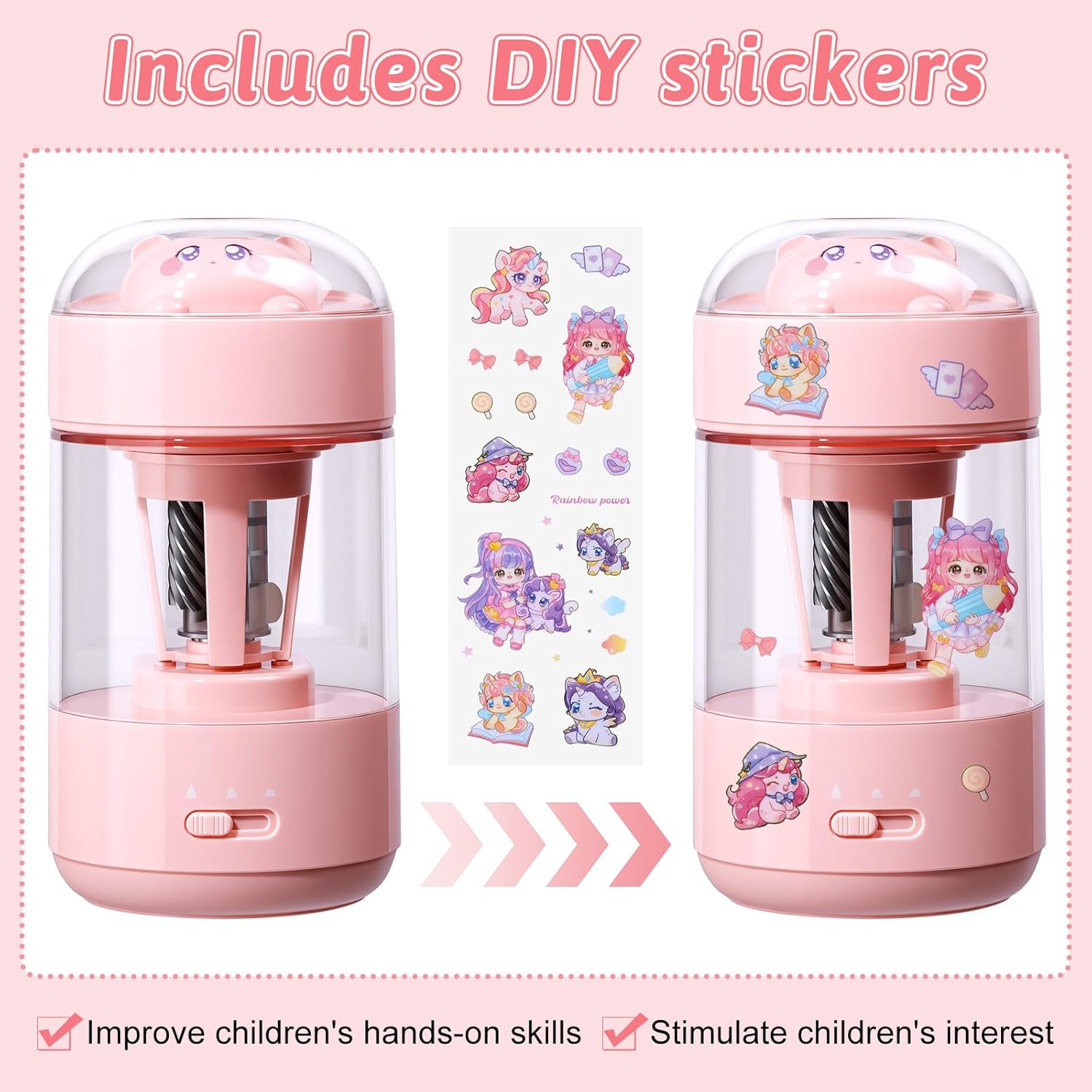 Rechargeable Automatic Electric Pencil Sharpener, Auto in & Out 3 Adjustable Thickness, Type-C Charging, Cute DIY Stickers, for 6-8mm Pencils, 3s Fast Sharpening, Ideal for School & Home (Pink)