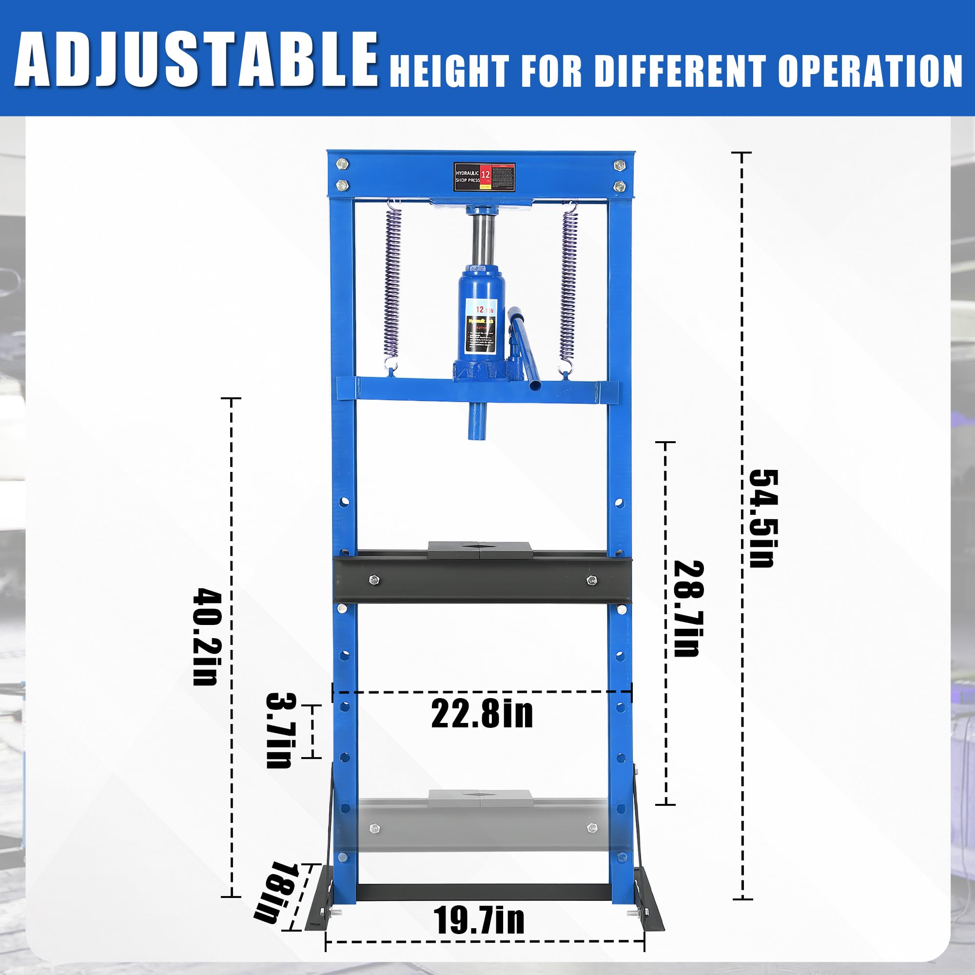 Presse hydraulique d’atelier 6T – Structure H robuste – Hauteur réglable – Pour garage, redressage, pliage, extraction de roulements et arbres – Plaques en acier incluses – Corps bleu, parcourir et