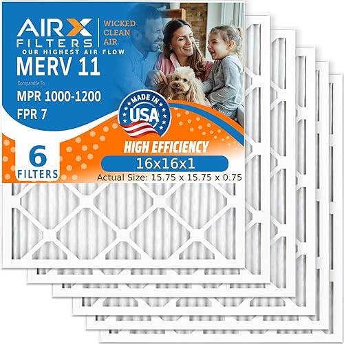 AIRX FILTERS WICKED CLEAN AIR. Filtro de aire acondicionado plisado electrostático MERV 11 de 16 x 16 x 1, paquete de 6 filtros HVAC para horno de CA