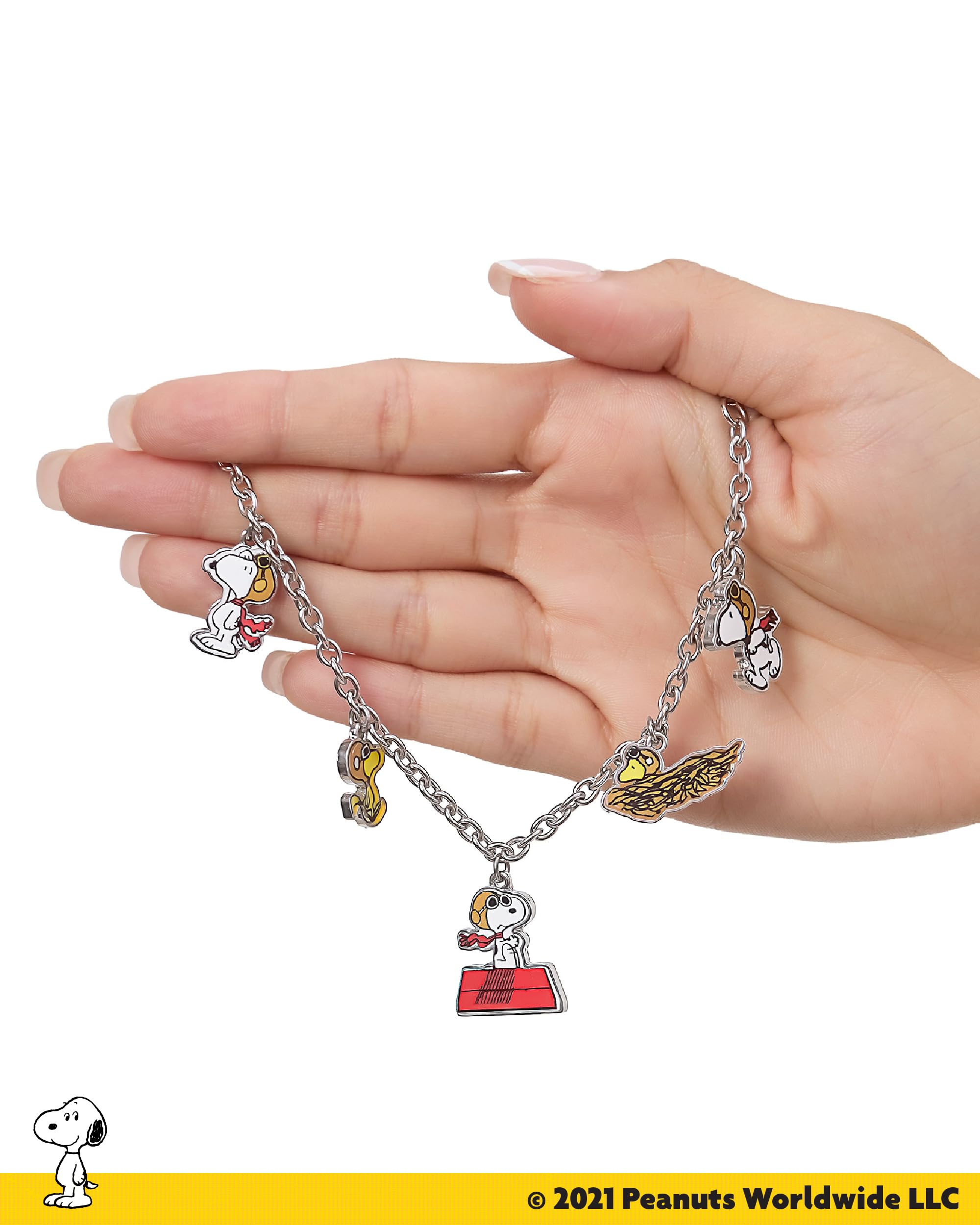 Peanuts Snoopy Charm Bracelet Official License, 7.5"+1" Fashion Bracelet with 5 Flying Ace Snoopy and Woodstock Charms