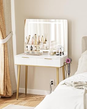 Dressing Table with Mirror, Dressing Tables, Dressing Table with Lighting Color Adjustable, Modern Cosmetic Table with 2 Drawers, White with Golden Legs