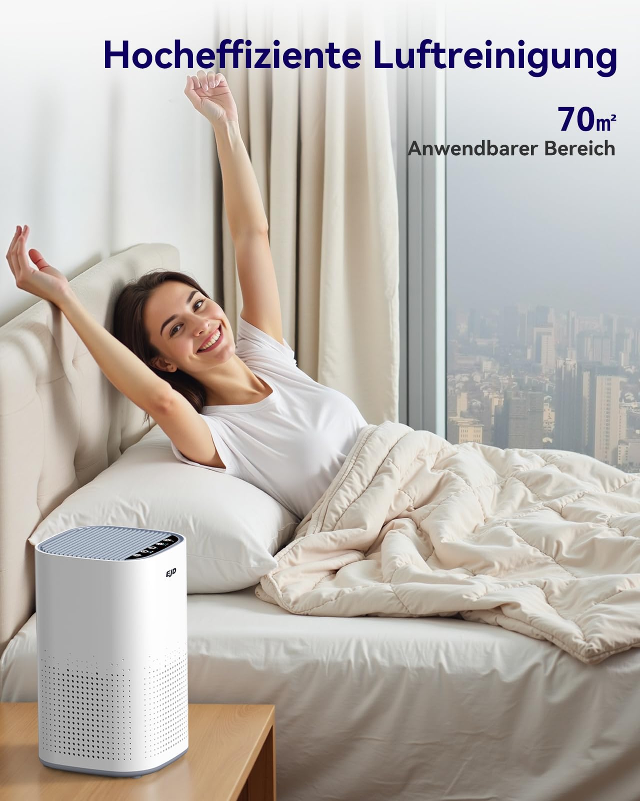 EJD Luftreiniger für große Schlafzimmer bis zu 70 m² mit CADR 223 m³/h | leiser H13 HEPA-Luftreiniger mit 15 dB Schlafmodus, 3-in-1-Filter entfernt 99,97% Pollen, Staub, Tierhaare, Gerüche (Weiß)