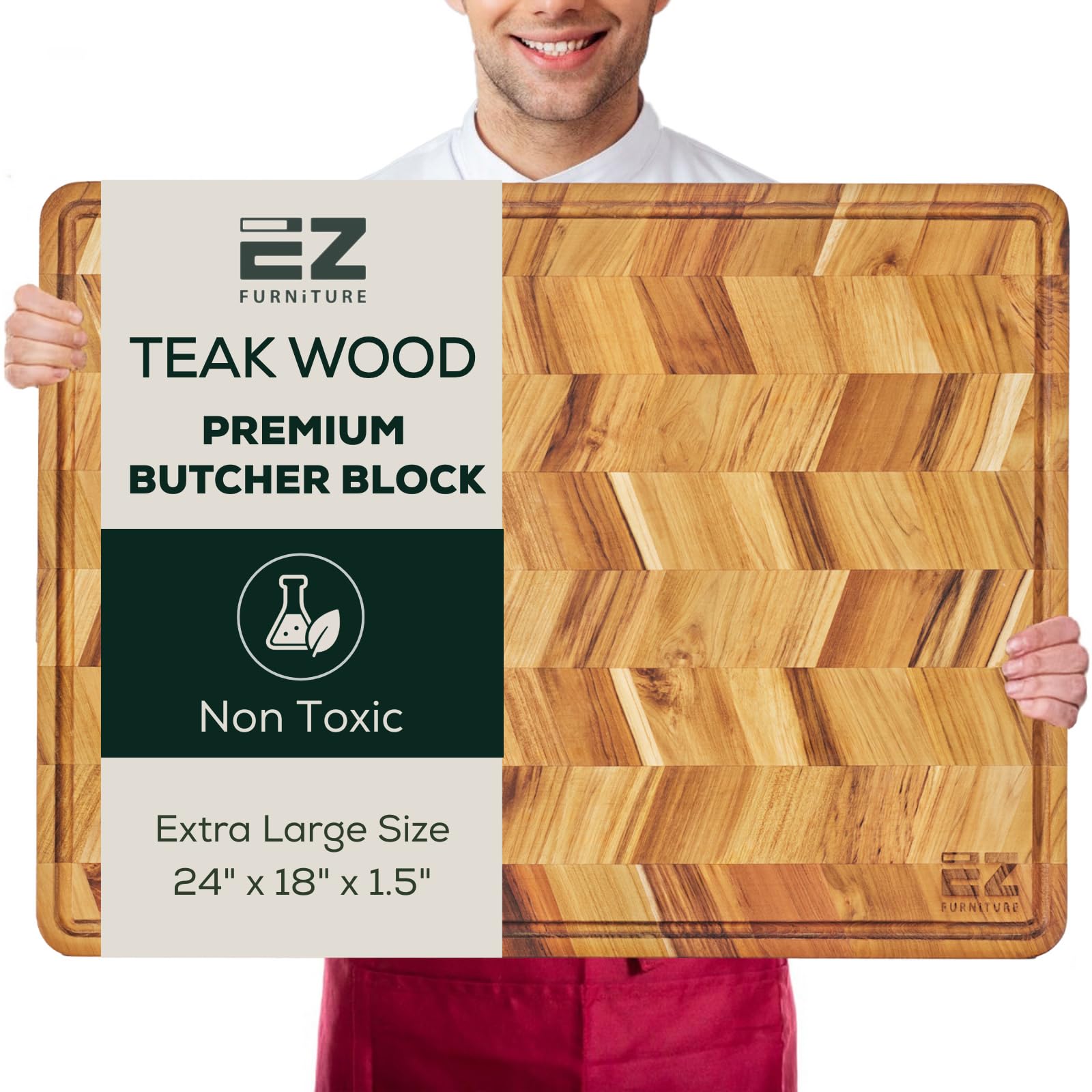 EZ FURNITURE Teak Wood Cutting Board, End Grain & Egde Grain with Juice Groove and Handles, Knife Friendly, Suitable for Chopping (1.5" Thick Teak