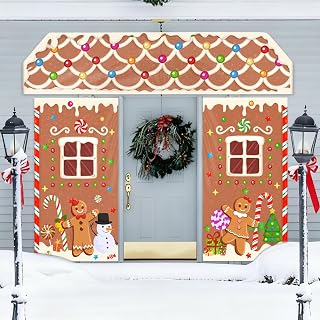 3 Pcs Christmas Gingerbread Door Decorations Gingerbread House Banner Backdrop Xmas Candy Classroom Door Banners for Winter Holiday School Decor Outdoor Indoor Party Supplies