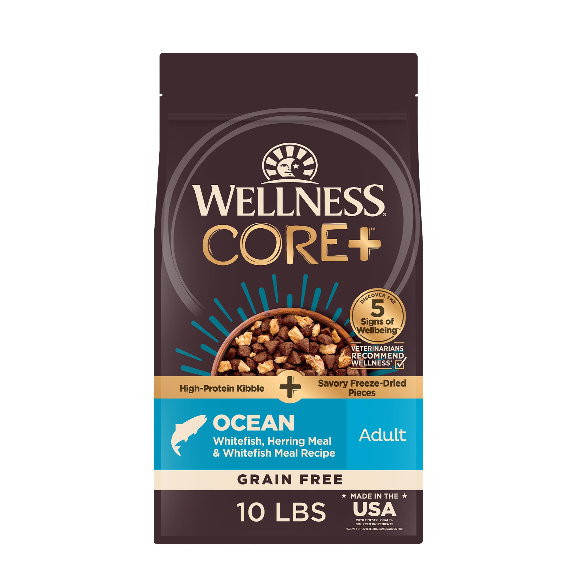 Wellness CORE+ Dry Dog Food with Freeze Dried Pieces, Grain Free, High Protein, Natural, Ocean Whitefish, Herring, & Salmon Recipe, (10-Pound Bag)