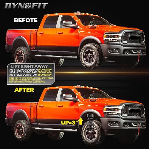 Miniatura 8 de Dynofit Kit de elevación delantera de 3 pulgadas para Dodge Ram 1500 2WD 1994 a 2018, Ram 2500 3500 2WD 1994-2011, espaciador de puntales de resorte