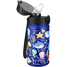 GOPPUS Kids Water Bottle Straw Lid - 14 Oz Stainless Steel Travel Bottle, Double Wall Vacuum Leak Proof Kids Cup for School Boys Girls,Under the Sea
