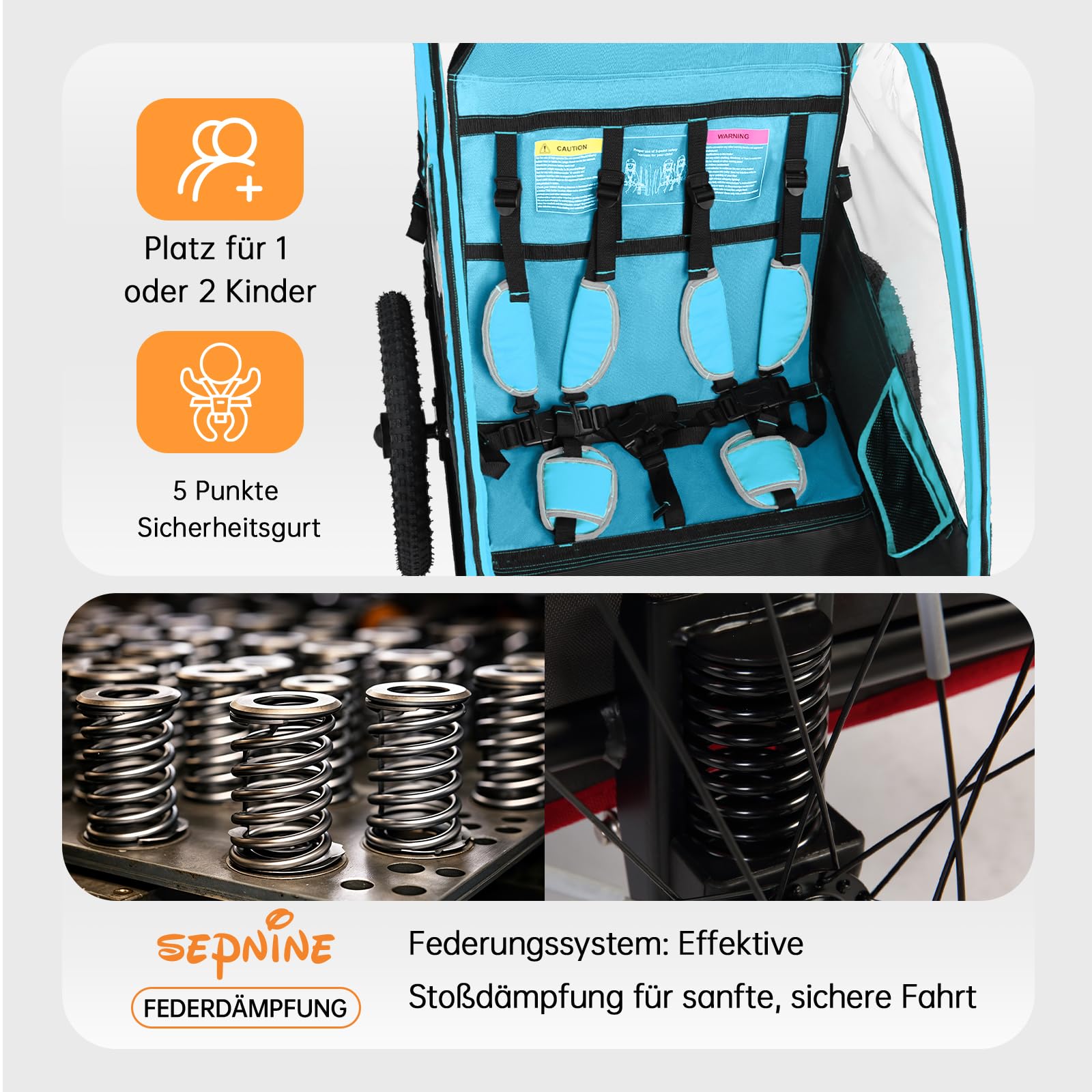 SAMAX Remorque Vélo convertible Jogger 2en1 360° rotatif Pour 2 Enfants Amortisseur Transport Poussette en Bleu - Silver Frame