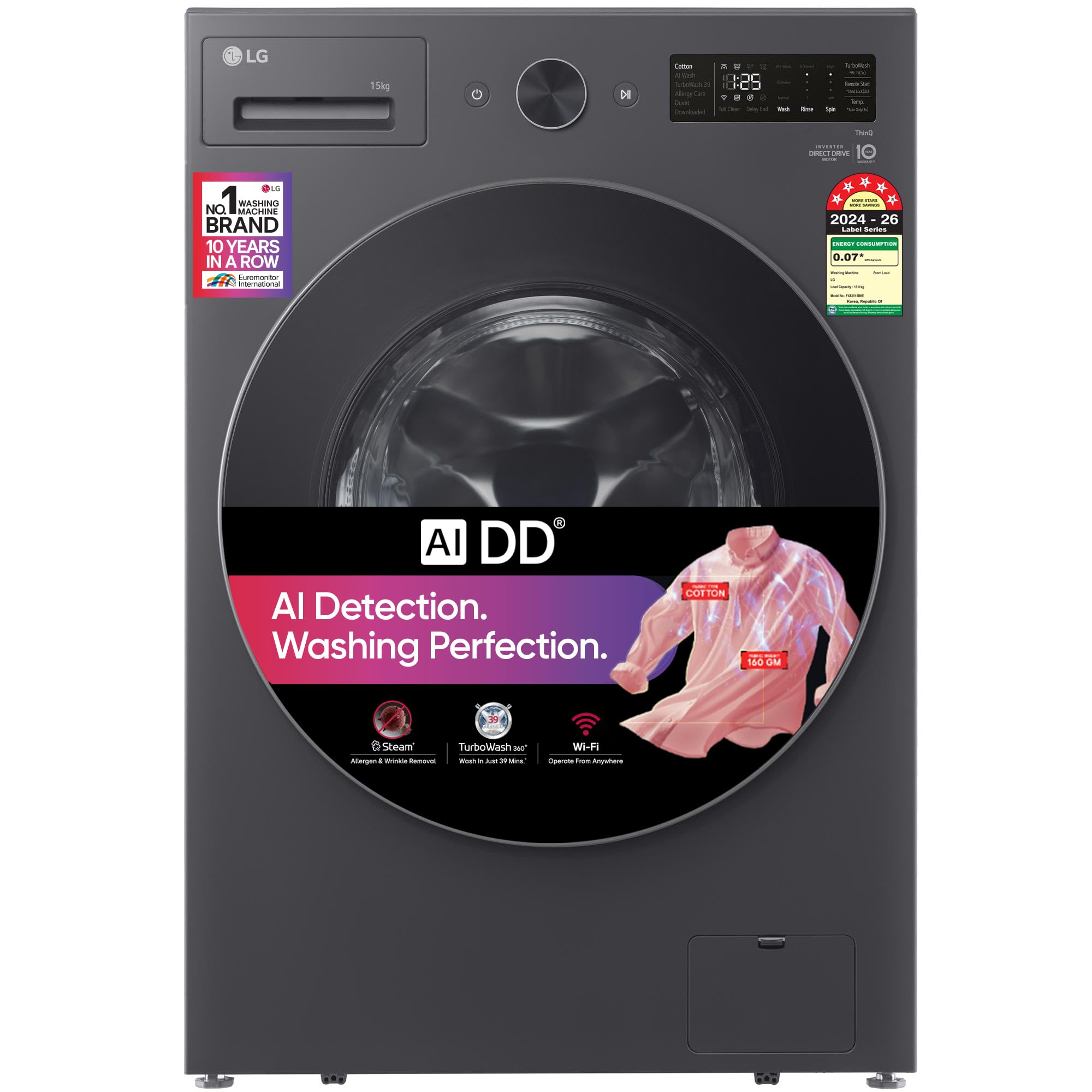 LG 15 Kg, 5 Star, AI Direct Drive Technology, Wi-Fi, Steam+ with Wrinkle Care, Fully Automatic Front-Loading Washing Machine (FX62515B9E, Turbowash 360⁰, 6 Motion DD, Essence Graphite)-image-20
