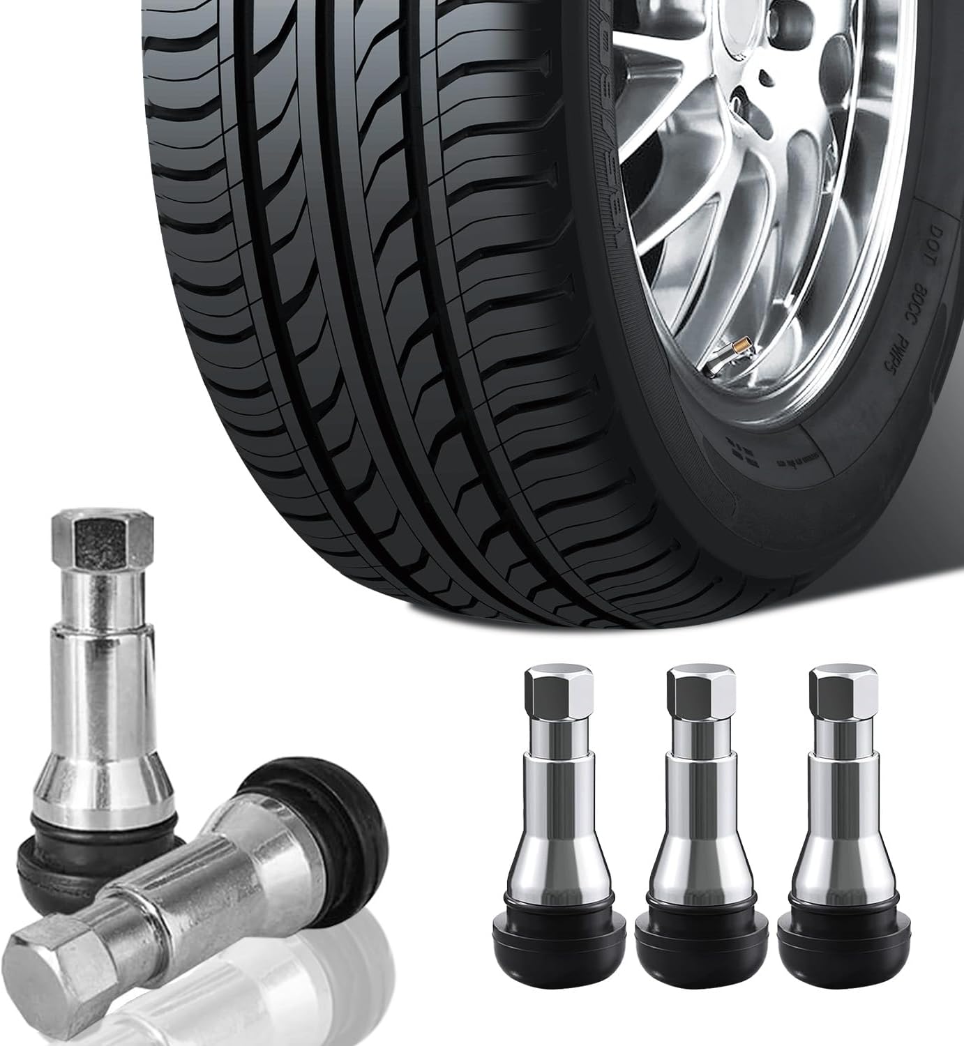 5pcs TR413 Chrome Rubber Valve Stem for 0.453 Inch Rim Holes | Universal Snap-in Tire Valve Stem Fit for Cars & Trucks (Sliver)