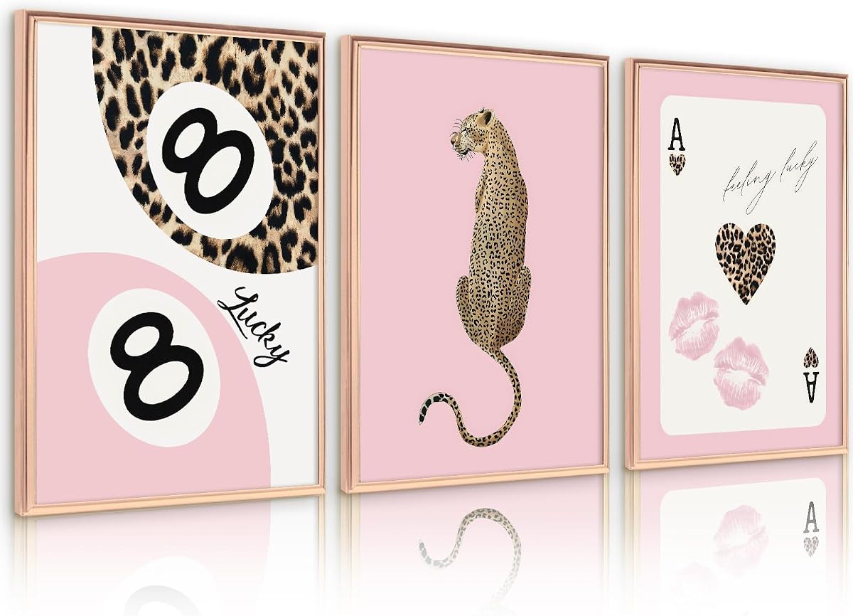 Lhoiplme Cheetah Trendy Wall Art Preppy Leopard Canvas Print Cheetah Room Wall Decor 8 Ball Poster Y2k Pink Coquette Impresión de lujo Lucky Estética Moda Imágenes para dormitorio 16.0 x 24.0 x 3.0 in sin marco