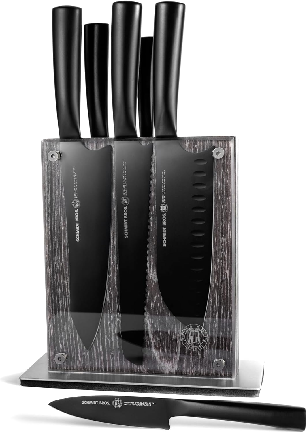 Schmidt Brothers - 9-Piece Natural White Oak Hex Knife Set, High-Carbon Stainless Steel Cutlery with Natural White Oak and Acrylic Magnetic Knife Block