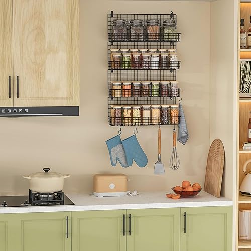 Miniatura 9 de X-cosrack Organizador de especias plegable grande mejorado de 4 niveles montado en la pared, almacenamiento apilable con 5 ganchos, capacidad para