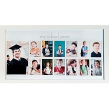 Green Pollywog School Years Picture Day Collage Frame, White, K-12 | K-12 school photo collage frame, white solid wood, thirteen photo slots, reversible insert, 17.75x10 in