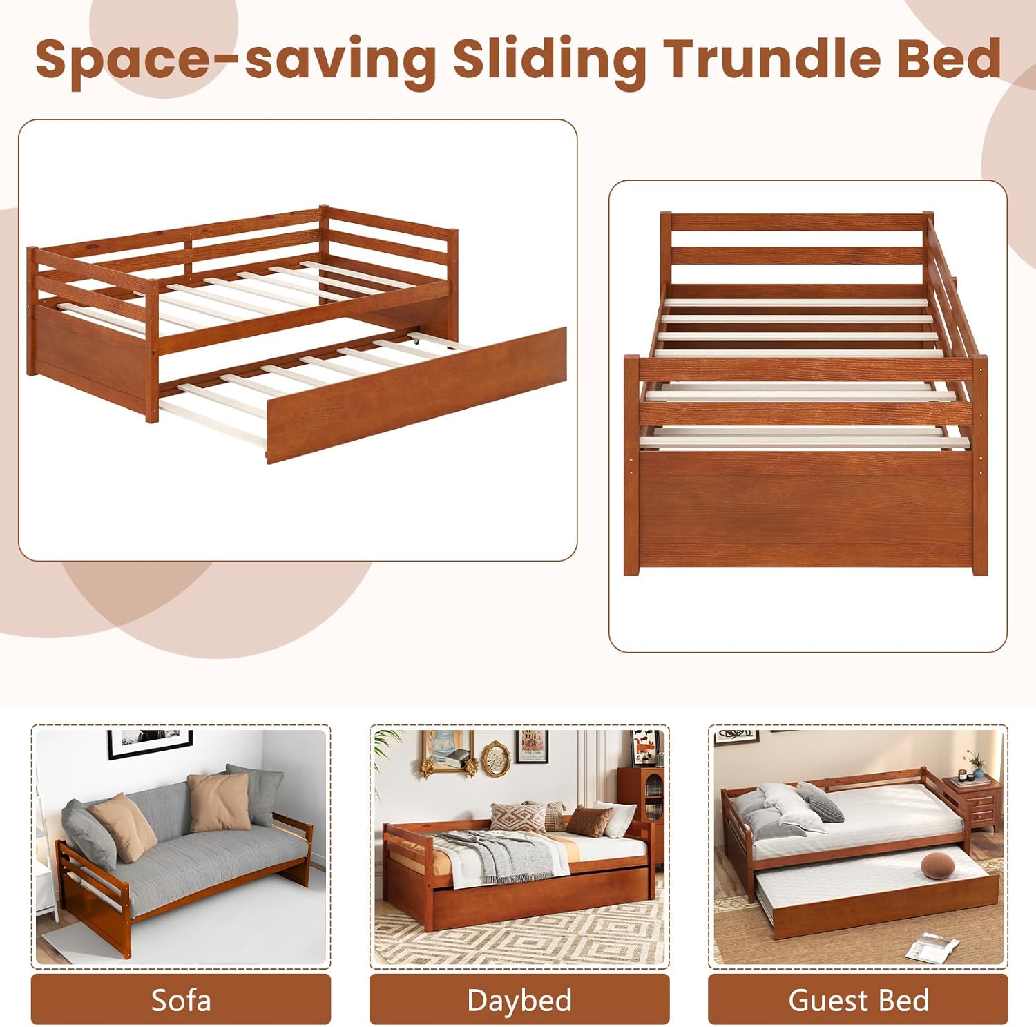 Giantex Twin Daybed with Trundle, Wood Trundle Bed with Wood Slat Support, Mid Century Day Bed Frame for Living Room Guest Room, No Box Spring Needed, Walnut