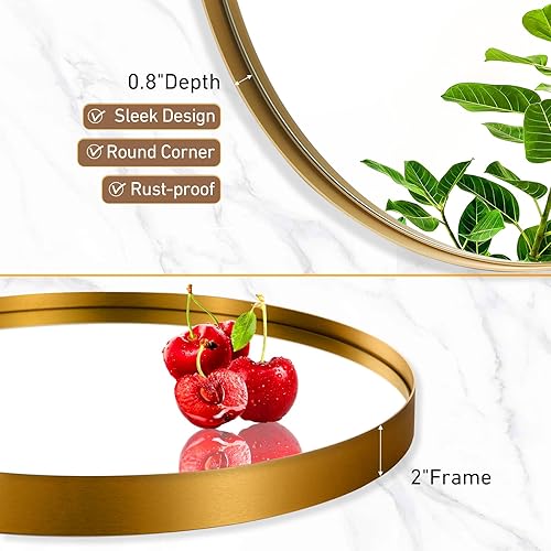 Miniatura 5 de JENBELY Espejo redondo de 30 pulgadas, espejo de baño redondo dorado, espejo de tocador circular con marco de metal cepillado de alta calidad,
