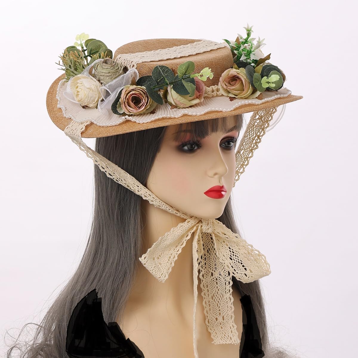 CAMDOM Victorian Womens Tea Party Sun Hat Lolita Bows Florals Flat Straw Hats, Style-01