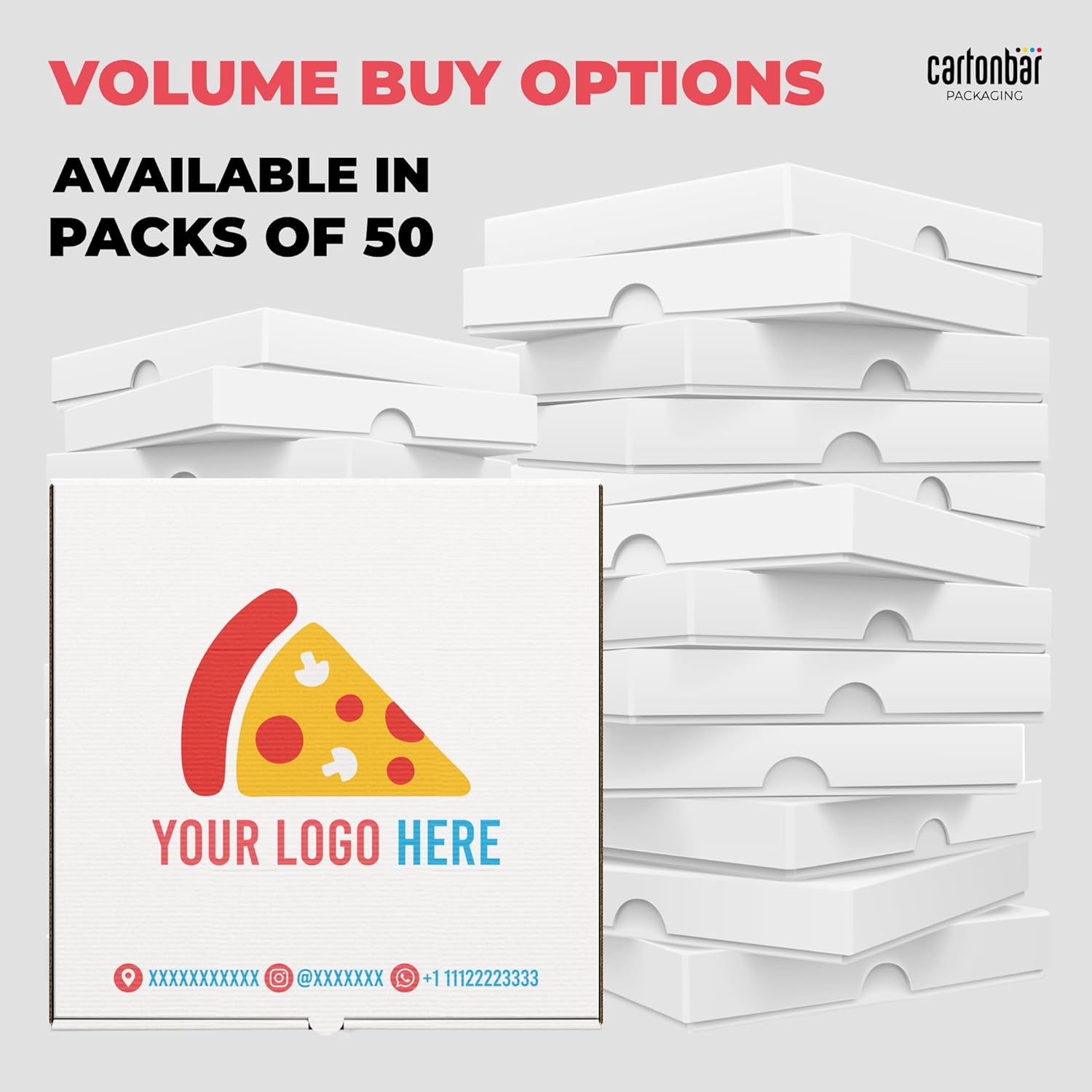 Custom Logo Printed White Pizza Boxes by Cartonbar - Pack of 50 (14x14x2 inches) - Personalized Pizza Packaging for Restaurants, Bakeries, Parties, Events, Corporate Events - Proudly Made in USA