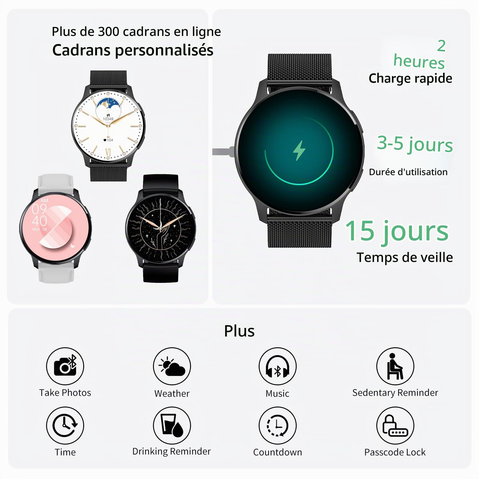 Montre Connectée Femme Homme Appel Bluetooth Podometre Sommeil | Écran 1,34" HD Étanche Smartwatch Ronde Cardiofrequencemetre Menstruel Cycle Cadeau- Android iOS [3 Bracelets]