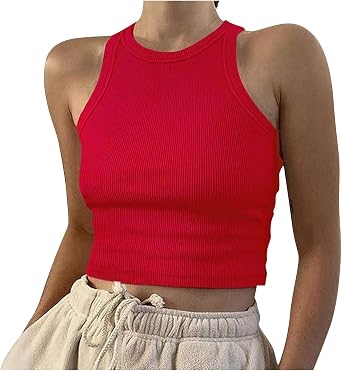 Women Casual Tank Tops Basic Sleeveless Round Neck Rib-Knit Y2k Crop Top Summer Workout Outfits High Neck T-Shirt