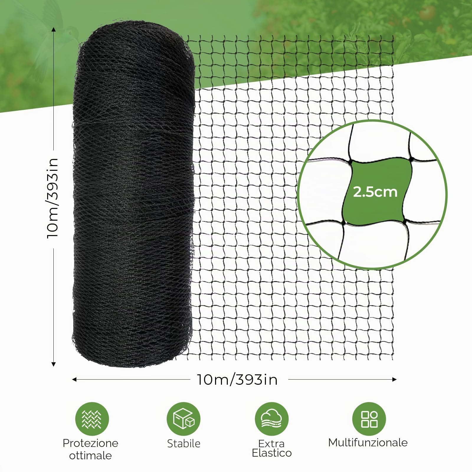10 m x 10 m Rete Anti Piccioni, Rete Anti Uccelli Nero, Rete Giardino, per Giardino, Voliere, Protezione per Laghetto -Proteggere Piante, Frutta, Fiori, Alberi (Maglia da 2.5 X 2.5cm)