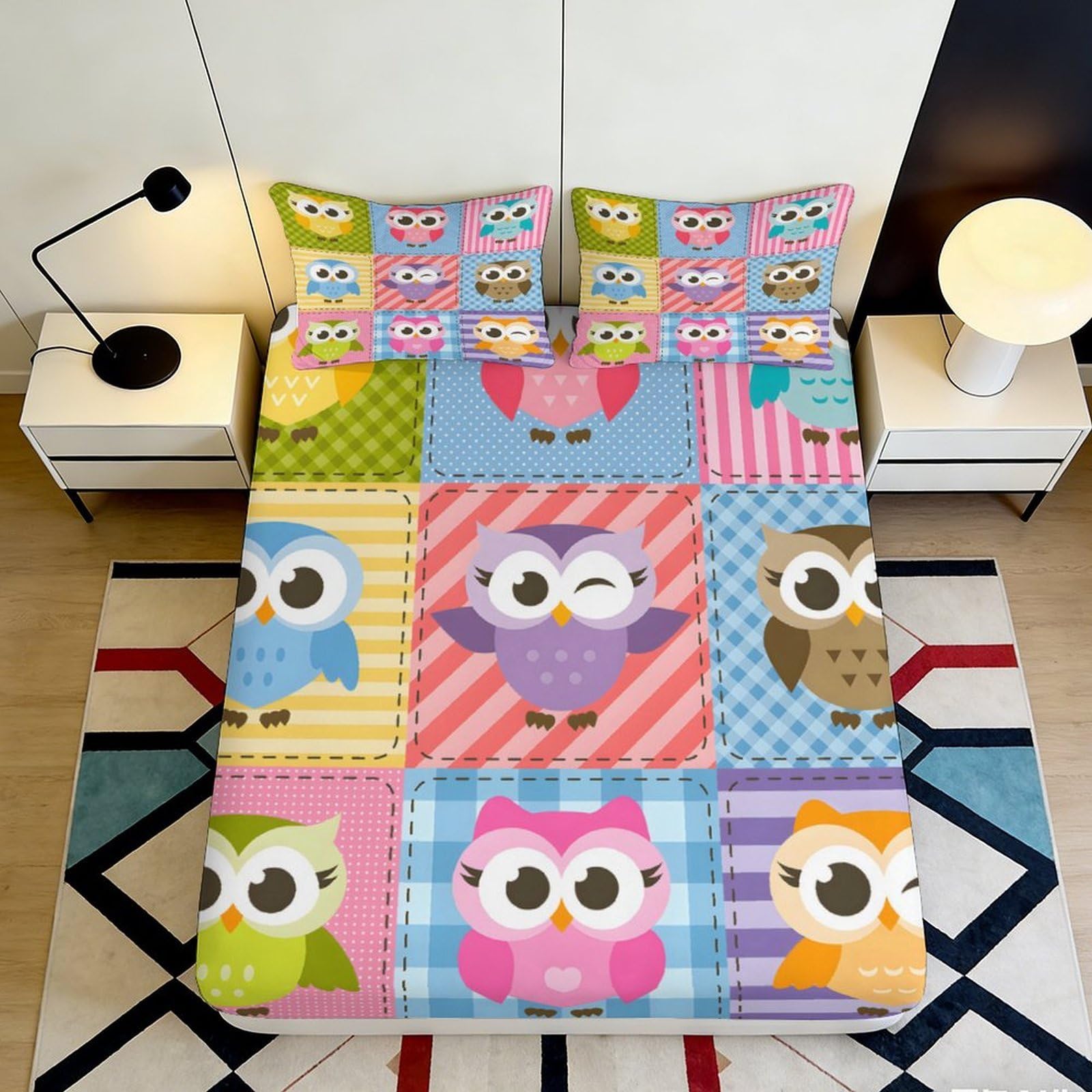 Pnayamiorkfel Style-7 3D Printed Cute Owl Patchwork Fitted Sheet Microfiber Soft Colourful Cartoon Mattress Cover Bedroom Dorm Decor 90X200x25cm