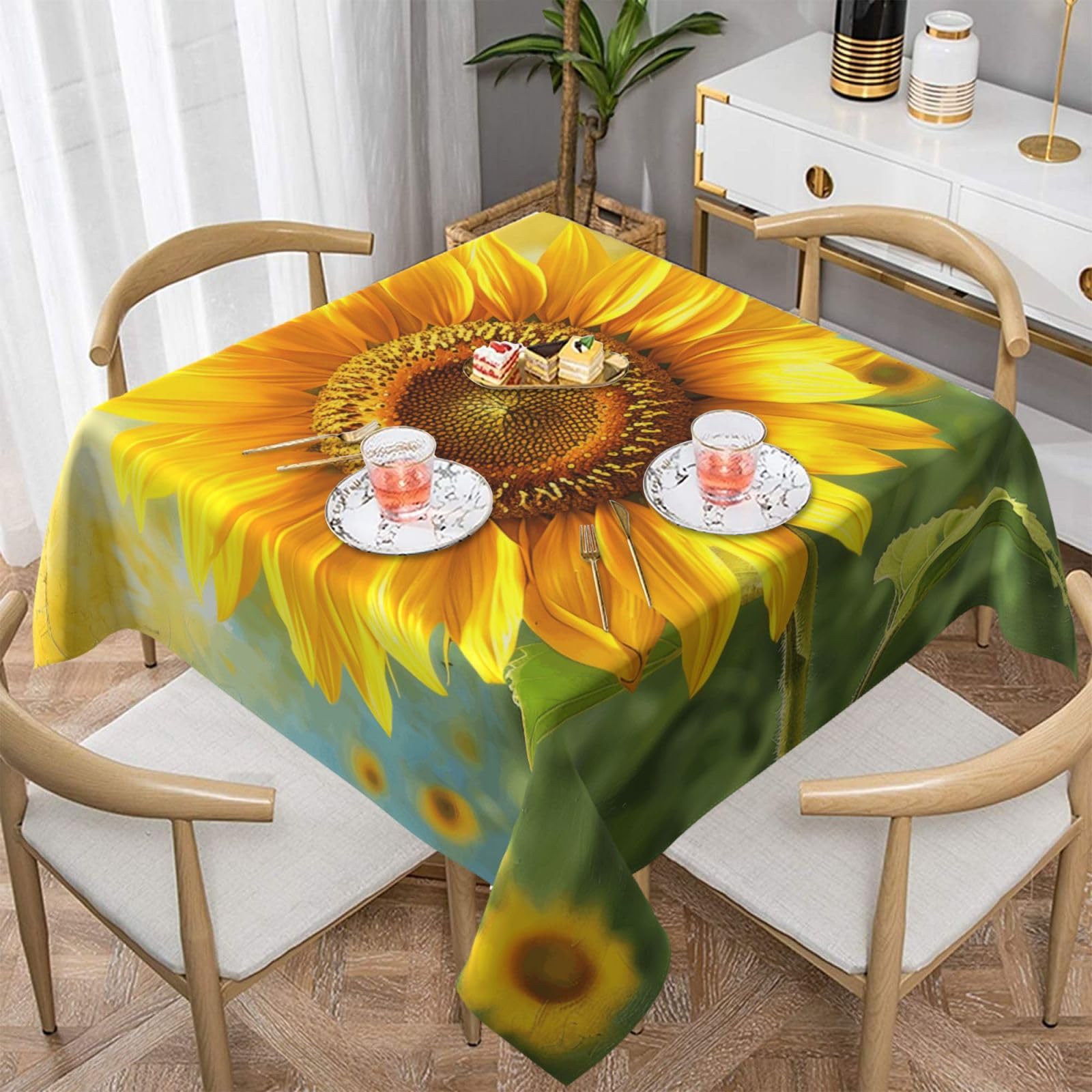 WPKJU Sunflowers Printed Square Tablecloth 60x60 inch Water Resistant Table Cover Washable Rectangle Table Cloth for Dining Tables