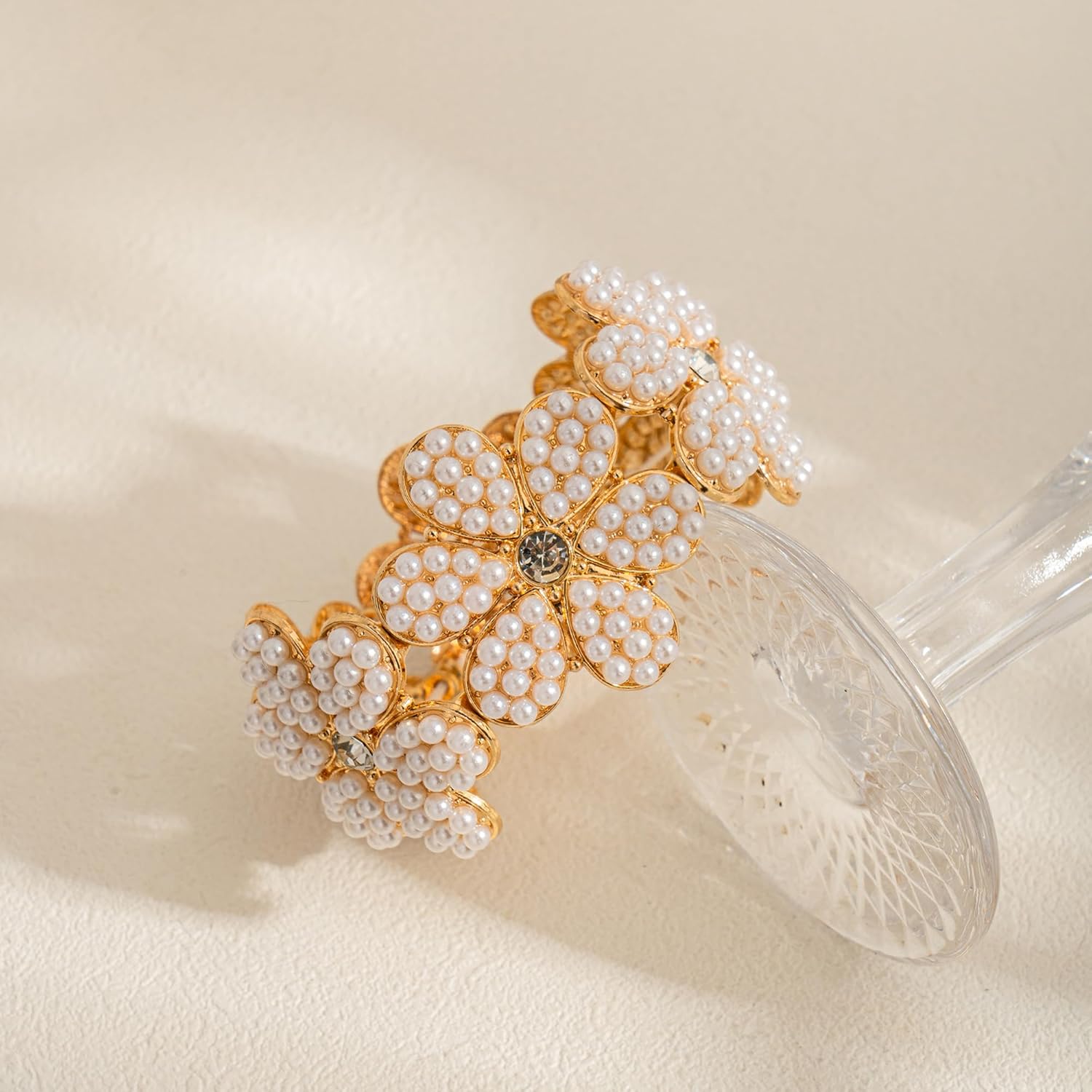 Gold Pearl Bangle Bracelets for Women Chunky Flower Stretch Bracelets Wrist Wrap Bracelet Wedding Bride Jewelry - Image 5