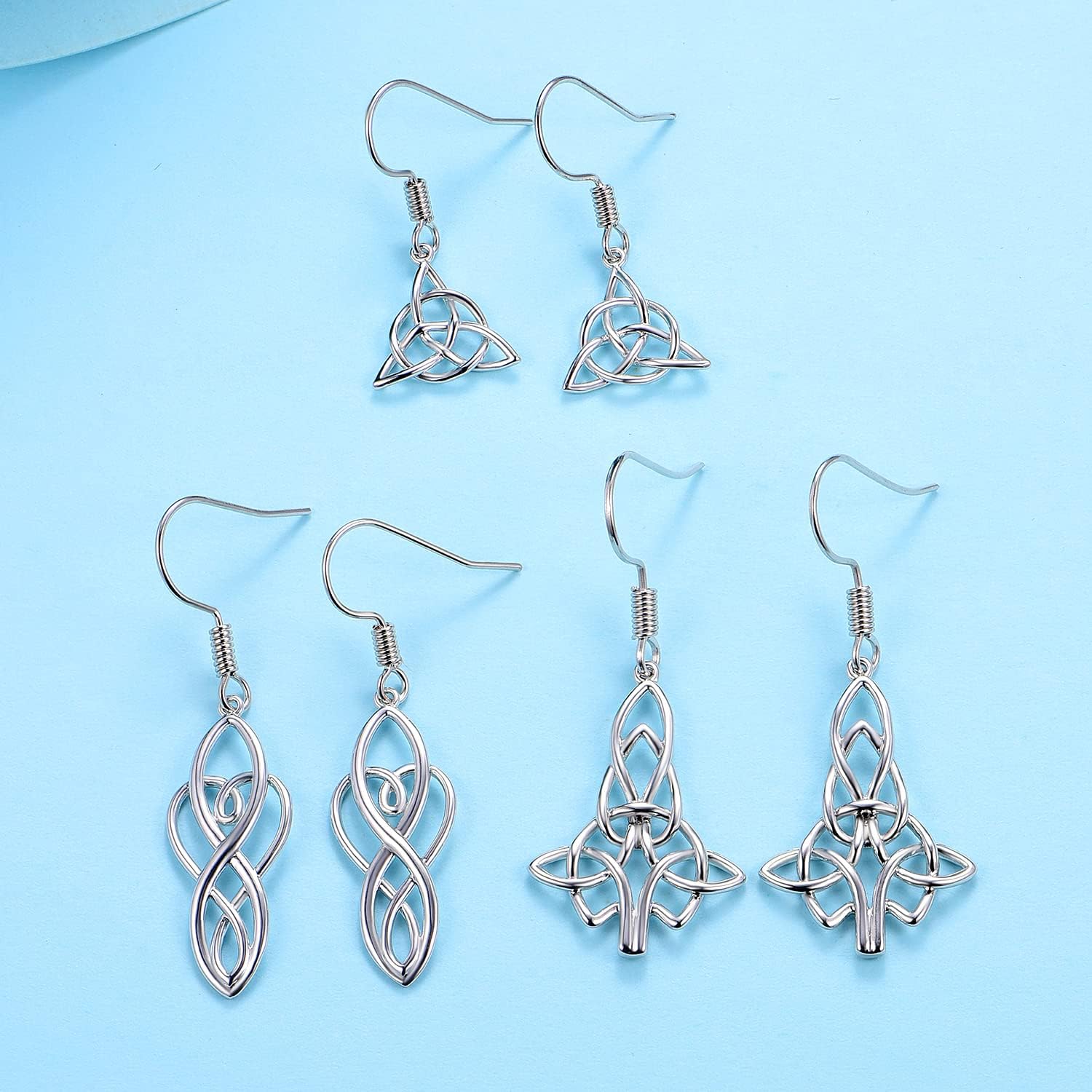 Multi Celtic Knot Dangle Earrings Set for Women, 18K White Gold Plated Silver Light Hypoallergenic Celtic Earrings, Pack of 3-5 Pairs - Image 3