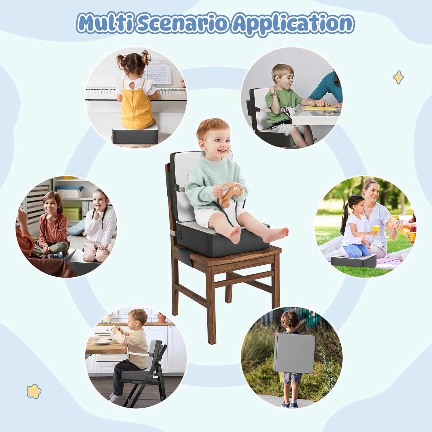 Booster Seat for Kitchen Chair, Toddler Booster Seat for Dining Table with Backrest & Safety Buckles, Non-Slip Portable Dining Seat, High Chair Alternative for Home & Travel