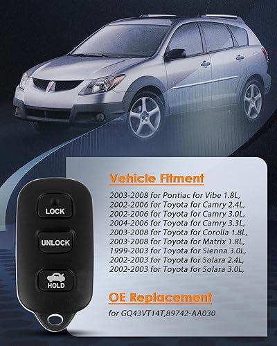 Miniatura 2 de OCPTY Llavero de repuesto para Toyota Camry para Corolla para Matrix para Sienna para Pontiac para Vibe para Toyota para Solara 1999-2008 GQ43VT14T