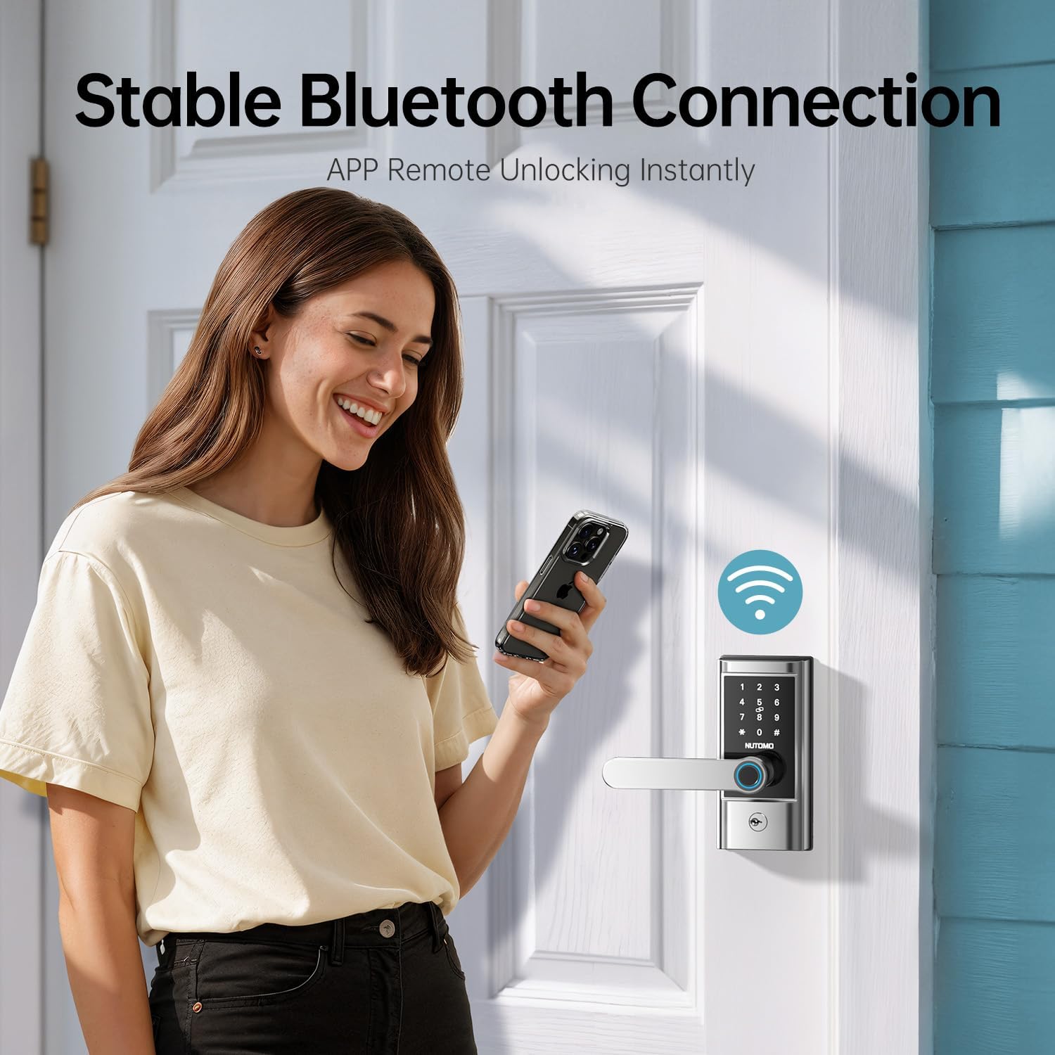 WiFi Keyless Entry Door Lock Handle Set : NUTOMO Silver Smart Front Door Lock,Front Door Handle,App Remote Control, Digital Bluetooth Keypad Deadbolt with Alexa Auto Lock for Home Hotel