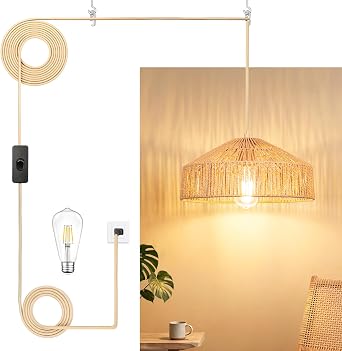 Qingmiao Boho Plug in Pendant Light, Rattan Hanging Lamp Plug in with Woven Shade, 3-Way Dimmable Hanging Light Fixture for Living Room Bedroom Kitchen Ceiling Home Decor