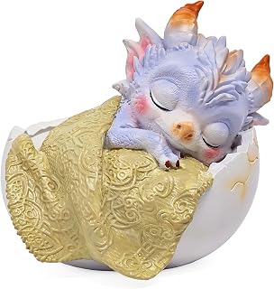 Sleeping Baby Dragon in Egg with Blanket Figurine | Resin Fantasy Dragon Statue, Whimsical Home Decor for Desk & Bookshelf