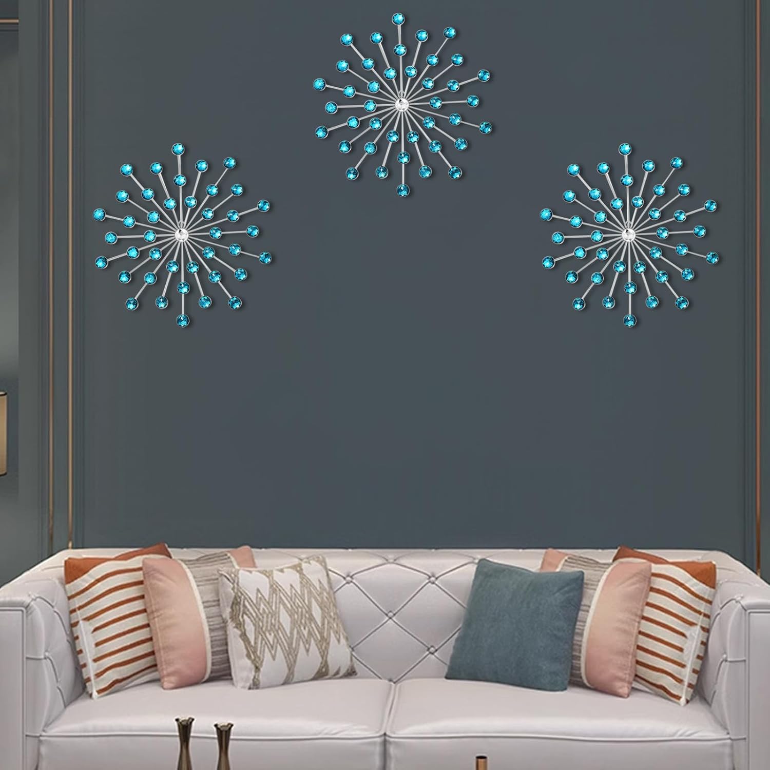 DXYAKY Set of 3 Modern Starburst Wall Decor, Metal Wall Sculpture with Crystal Accents, Blue 3D Wall Art for Living Room, Bedroom & Home, Elegant Hanging Wall Decoration - Image 2