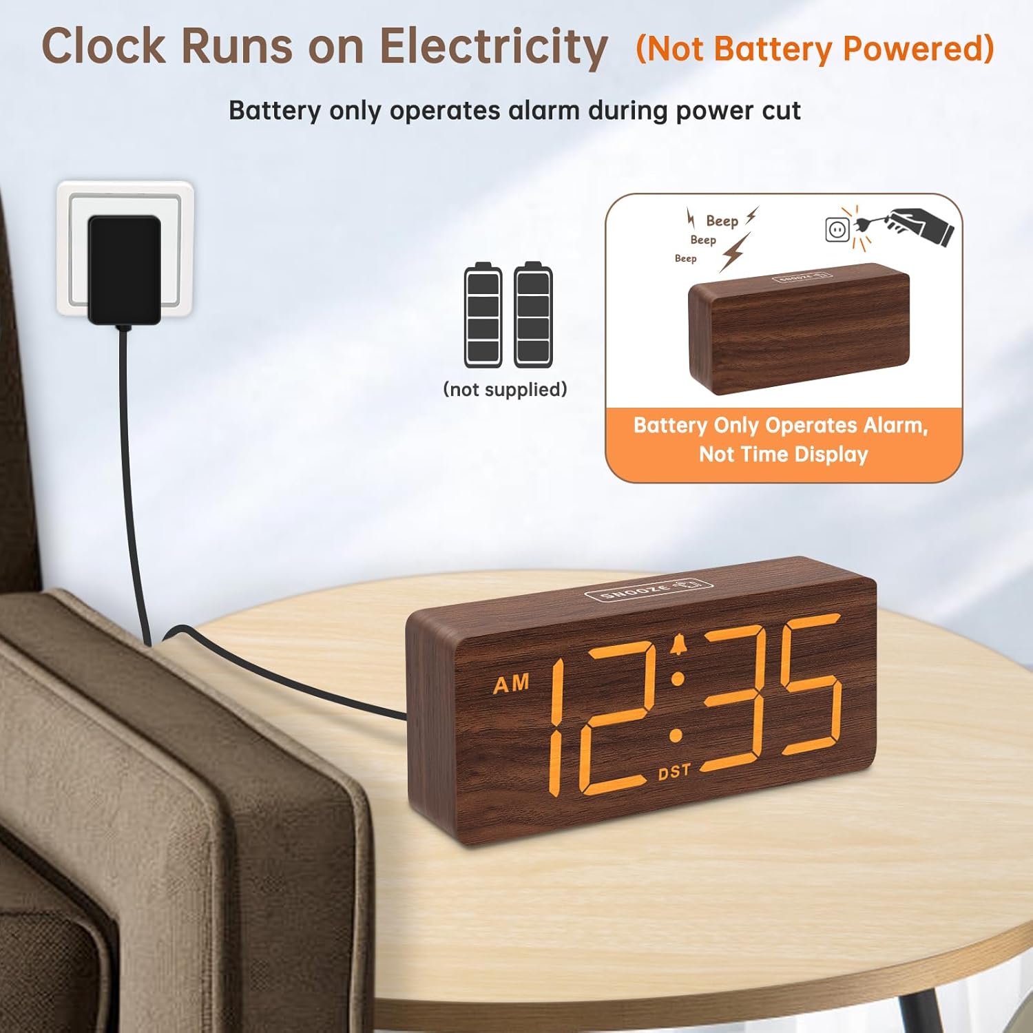 DreamSky Wooden Digital Clock + Digital Alarm Clock with Date and Temperature