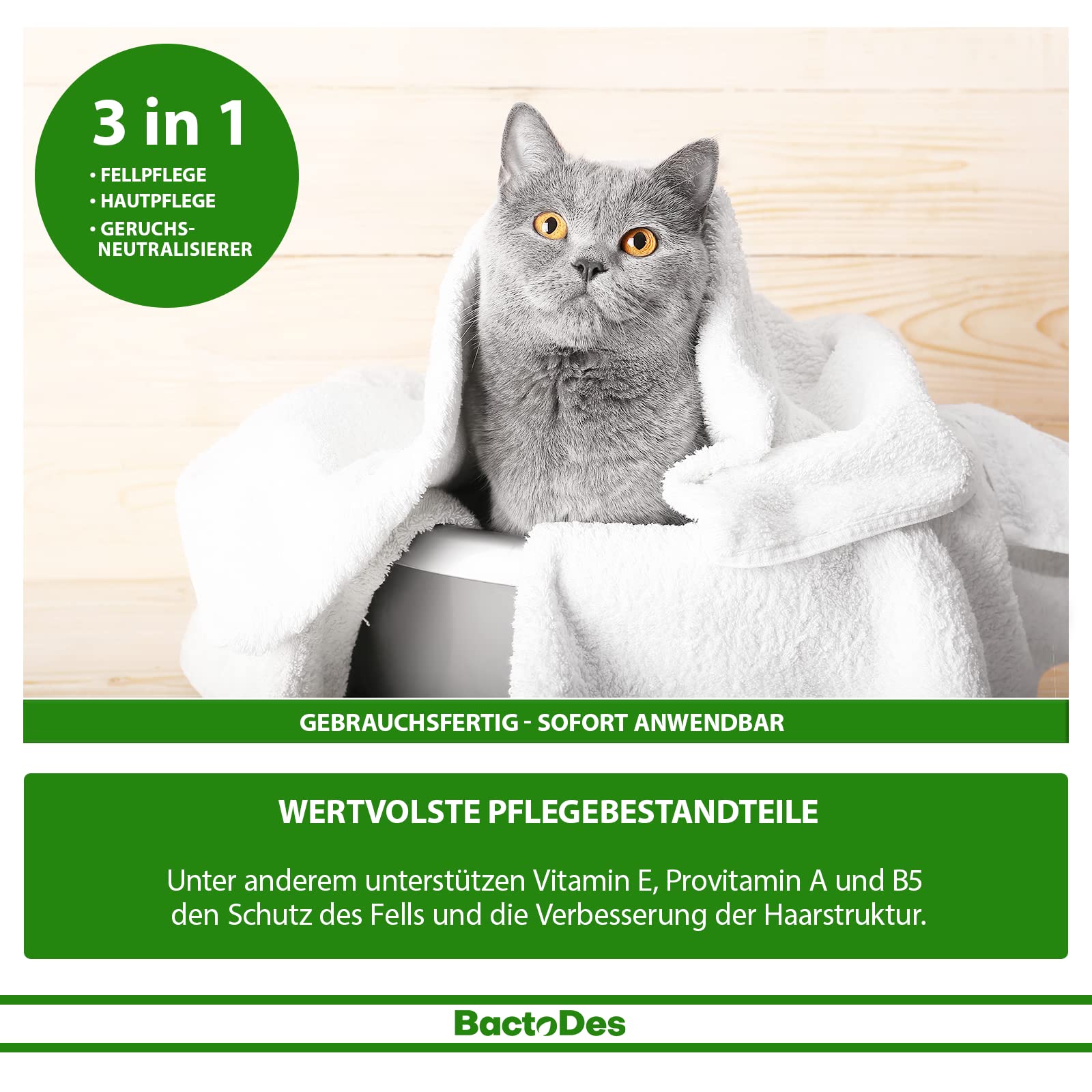 BactoDes Ready Fellpflegespray 6 x 200ml I 3in1 Pflege für Hunde & Katzen mit Mikroorganismen I Glänzendes Fell, gesunde Haut & natürliche Geruchsneutralisierung I Ideal bei empfindlicher Haut