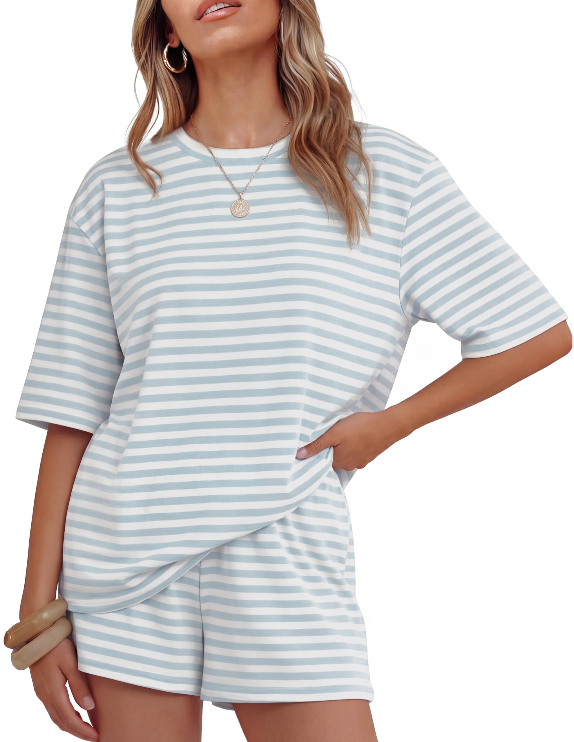 Womens Summer 2 Piece Short Sets Striped Oversized Matching Lounge Airport Travel Workout Beach Vacation Outfits-image-31