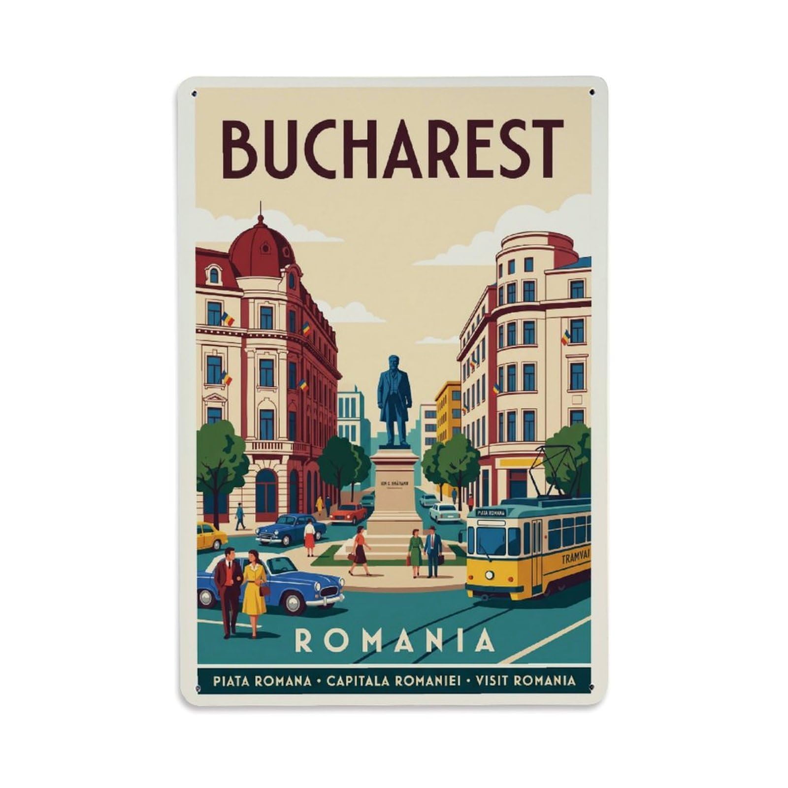 Vintage Travel Bucharest Piata Romana Clean Romania Metal Tin Sign Plaque Wall Decor for Cafe, Club Bar, Office, Home Garden Metal Poster 8x12Inch