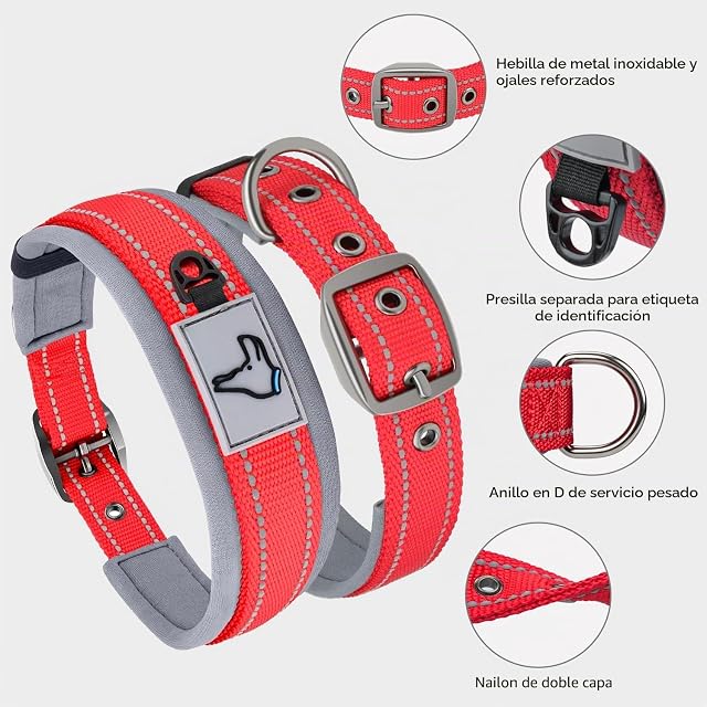 Foto 3 de 6 de Joytale Collar Perro Grande, Resistente y Reflectante, Ajustable de Acolchado Neopreno Nylon, Rojo, L